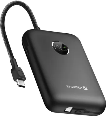 Produktbild von Swissten, Externer Akku 20000mAh Integrierte USB-C Lightning-Kabel LED-Anzeige, Schwarz