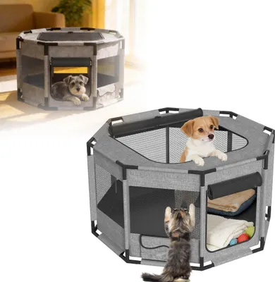 Produktbild von LZQ Welpenauslauf für Hunde & Katzen – 600D Oxford-Gewebe, atmungsaktive Netzfenster, stabil & faltbar, Indoor & Outdoor, tragbarer Hunde- & Katzenlaufstall, Achteckig, Grau, M – 81 × 81 × 45 cm