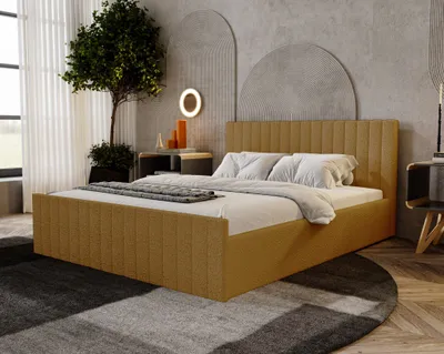 Image de Lit double Bouclé 160x200 Billo Slim - Lit rembourré avec sommier à lattes, coffre de rangement - Bouclé Orange