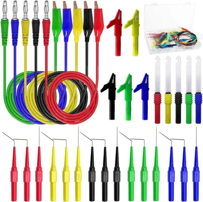 A collection of electronic testing accessories laid out on a white background.