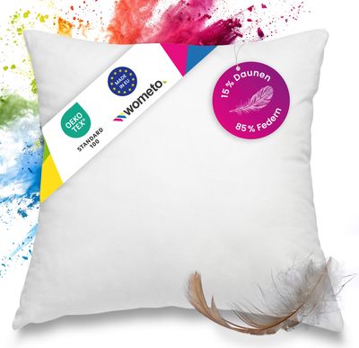 wometo "premium-line" Feder- & Daunenkissen 85% Federn 15% Daunen 45x45 - 500 g Füllkissen Bezug Baumwolle weiß / Innenkissen / Kissenfüllung / kleine Sofakissen 45 x 45 cm