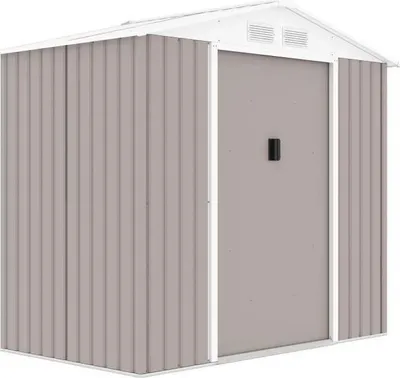 Image de Abri de jardin métal PLUTON, 2,71 m², 213 x 127 x 195 cm, Kit d'ancrage inclus, 2 portes coulissantes, Taupe