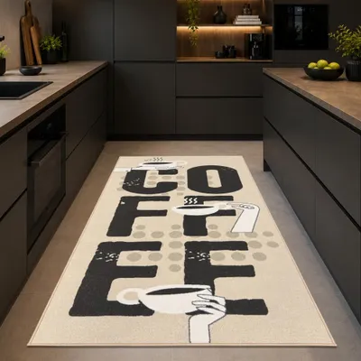 Image de Tapis de cuisine beige avec inscription "Coffee", facile d'entretien et résistant. Dimensions : 80 x 200 cm