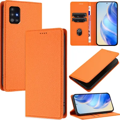 Immagine prodotto di Custodia in pelle per Samsung Galaxy A51 5G, pelle Litschi, custodia a portafoglio con slot per carte e supporto Arancione