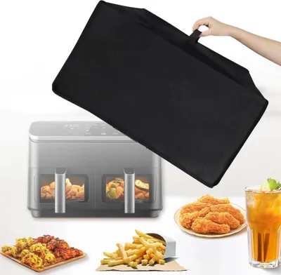A black cover is being held over an air fryer, with images of fried food and a drink surrounding it.