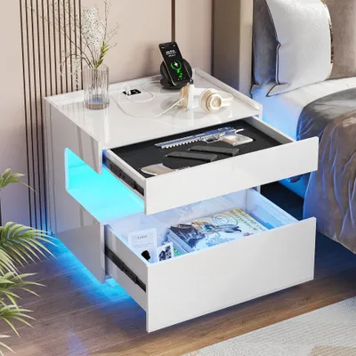 Produktbild von LVSOMT Moderner Nachttisch in Weiß mit USB-Ladestation, einstellbarer dreifarbiger LED-Beleuchtung und 2 geräumigen Schubladen mit Stauraum