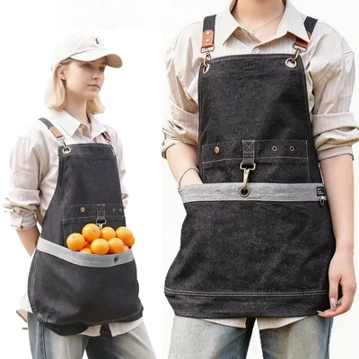 Produktbild von Garten Schürze Denim mit Kreuzrücken, Kapazität Arbeitsschürze, Verstellbare Gartenschürze mit großen Taschen für Gartenarbeit, Küche, BBQ & Handwerk