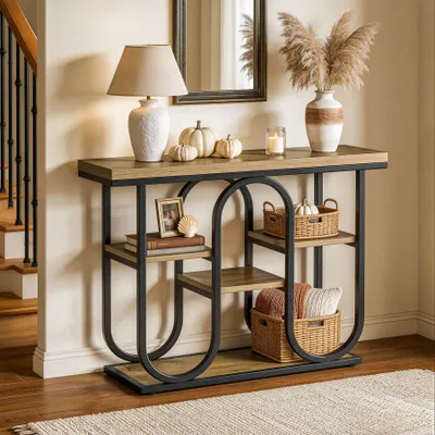 Image de Table console industrielle Tribesigns de 105 cm, table d'entrée rustique à 4 étages avec étagères ouvertes et structure métallique, table basse moderne pour petits espaces