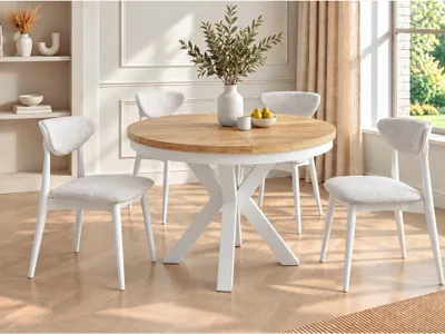 Produktbild von Runder Ausziehbarer Esstisch im Loft-Stil - Industrieller Tisch mit Weißen Metallbeinen - Platzsparender Tisch für Wohnzimmer - Craft Eiche - 120 bis 200 cm