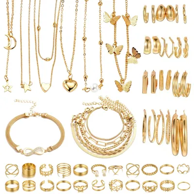 Immagine prodotto di 46 pezzi, set di gioielli da donna: braccialetti, anelli e orecchini dorati