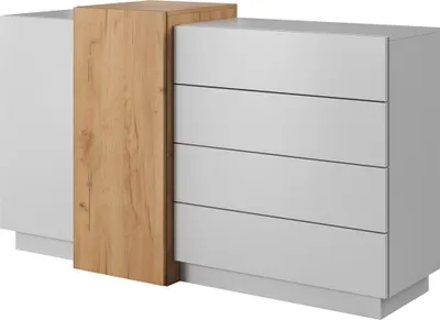 Produktbild von Furniture24 Kommode 3D Sideboard mit 2 Türen 4 Schubladen Weiß Craft Eiche