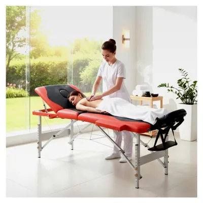 Produktbild von Massageliege 3 Zonen Kosmetikliege Aluminium | klappbar und höhenverstellbar | Tragbare Massagebank mit Zubehör Kopfstütze, Armlehnen und Tragetasche - Schwarz/Orange