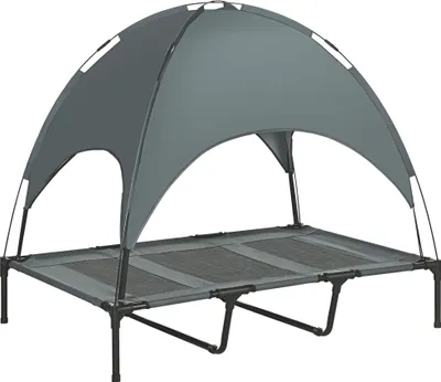 Produktbild von Erhöhtes Hundebett mit Baldachin, Haustierbett, Hundeliege outdoor mit Dach, Atmungsaktiv, Taftstoff für Camping Grau 122 x 92 x 108 cm