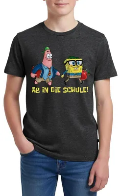 Produktbild von Spreadshirt Spongebob Schwammkopf Mit Patrick Ab In Die Schule Teenager Premium T-Shirt, 158/164 (12 Jahre), Anthrazit meliert
