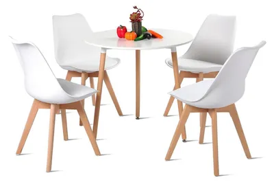 Productafbeelding van Eettafel met 4 stoelen, rond, wit, MDF, beukenfineer, 80x80x75 cm