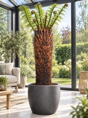 Produktbild von Baumfarn Dicksonia antarctica mit 120 cm Stamm – Australischer Taschenfarn für Kübel, Terrasse und Wintergarten, KI-generiertes Bild