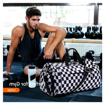 Produktbild von Turnbeutel für Damen und Herren, Uni Seesack mit Schuhfach und Nasstasche für Reisen und Sport, Schachbrett, Groß, Fitnessstudio