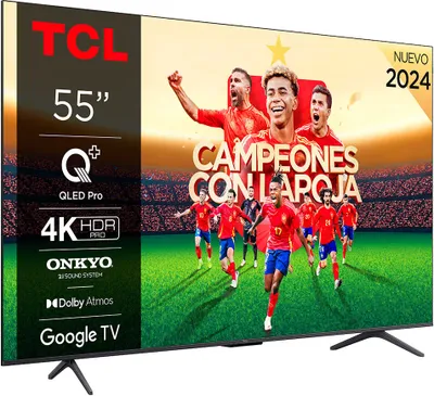 A TCL television displaying a marketing image of a soccer team celebrating a victory.