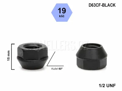 Obrázok produktu pre Matica kolesa 1/2 UNF s kužeľovým otvorom, kľúč 19, čierna, D63CF-BLACK, výška 15