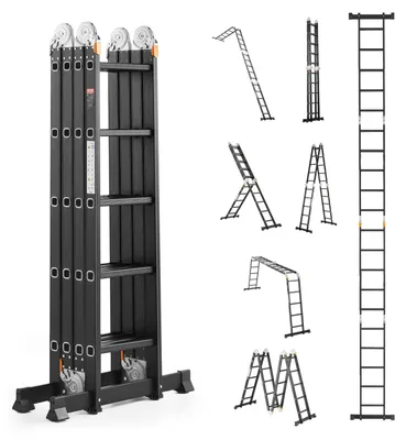 Produktbild von VEVOR Mehrzweck-Faltleiter, 7-in-1 Hohe Teleskopleiter, A-Rahmen 4-Stufen Teleskopleiter, 15,5 Fuß Reichhöhe, Schwerlast verstellbare Leiter, 150 kg Tragfähigkeit für Zuhause und im Freien, 5 Schritte-Sprühfarbe-Keine Zubehör