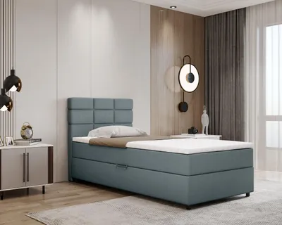 Produktbild von Boxspringbett 100x200, mit Bettkasten, Hellblau, Matratze und Topper, Einzelbett, REVE, Panda Möbel