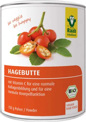 A can of Raab Vitalfood Hagebutte powder with rose hips and leaves depicted on the front.