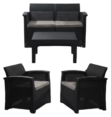 Immagine prodotto di Set di mobili da giardino Relaxdays, set da salotto in rattan da 4 pezzi, per 4 persone, panca, poltrona e tavolo, mobili da relax, da esterno, nero