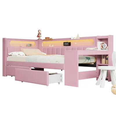 A pink corner bed with integrated desk and storage, illuminated by LED lights.