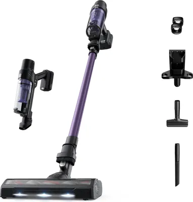 A cordless vacuum cleaner and its accessories are displayed against a white background.