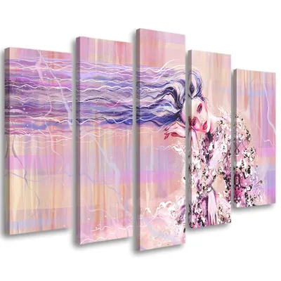 Produktbild von 5-teiliges leinwandbild frau mit langen haaren 100x70 cm Feeby rosa wandbild bereit zum aufhängen