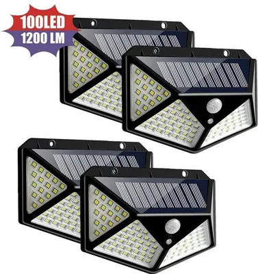 Imagen del producto de Lámpara solar, luz exterior, 4 haces de luz, sensor de movimiento, resistente al agua, 100 LEDs, 3 modos de funcionamiento, ideal para jardín, valla, terraza, garaje
