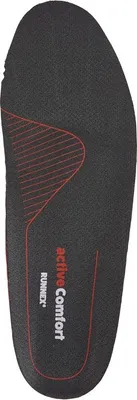A top-down view of a black insole with red accents and text.