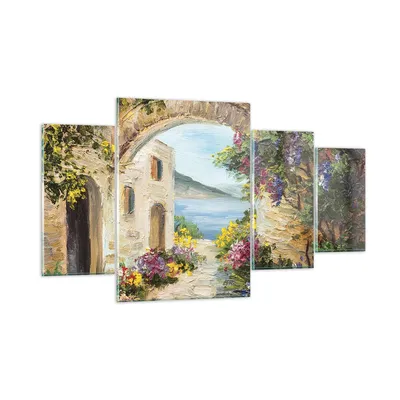 Produktbild von Bilder auf glas - 4 Teile - Haus Santorini Blumen - 160x90cm - Glasbilder - Wandbilder - Bilder - zum Aufhängen bereit - Wanddekoration aus Glas - Glas Bilder - Wandbild auf Glas - GDL160x90-4191