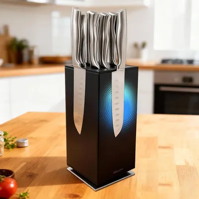 Obrázok produktu pre Magnetický držiak na nože, otočný o 360°, čierna farba, nerezová oceľ, organizér bez nožov