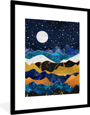 Produktbild von MuchoWow® Gerahmtes Poster Nacht - Gold - Marmor - Abstrakt - Landschaft - Berg 60x80 cm - Poster mit Schwarzem Bilderrahmen Wandposter Rahmen Foto Bilder - Wohnzimmer - Dekorationen - Prämie
