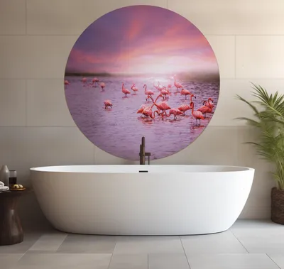 Produktbild von Wallario wasserfestes Poster selbstklebend 120 x 120 cm, Rosa Flamingos bei Sonnenuntergang, Badezimmerposter Spritzschutz mit Hochglanzoberfläche in Glasoptik