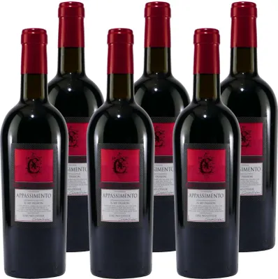 A group of six bottles of red wine against a white background.