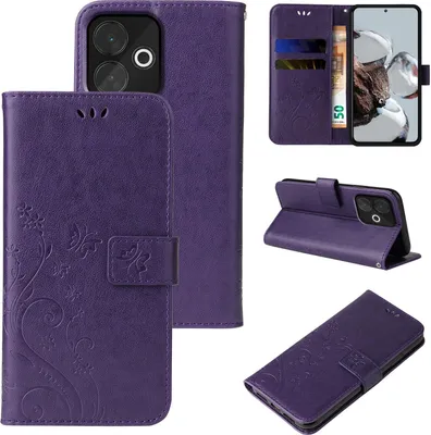 Produktbild von Handyhülle für Xiaomi Redmi 13 Floral Blumen Schmetterling Flip Cover Hülle Case Klapphülle Handytasche Farbe: Violett