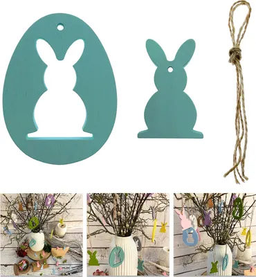 Produktbild von Oblique Unique Holz Osterei und Osterhase Anhänger Hängedeko für Osterstrauß Deko aus Echtholz für Ostern Basteln - türkis