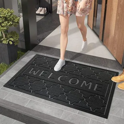 Zdjęcie produktu dla Mata podłogowa Unyqoos® z napisem "Witamy" – chłonna, antypoślizgowa mata do zbierania brudu, czarno-szara, 60 x 90 cm, do użytku wewnątrz i na zewnątrz