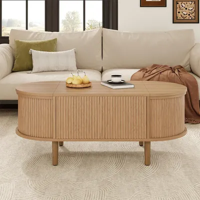 Produktbild von Couchtisch mit Stauraum Ovaler Verstellbarer Beistelltisch Wohnzimmertisch Wohnzimmermöbel 100 L x 48 B x 53,5(cm) Oak