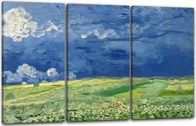Produktbild von Leinwandbild 3-teilig (120x80cm): Vincent van Gogh - Weizenfeld unter Gewitterwolken (1890), echter Holz-Keilrahmen inkl. Aufhänger, handgefertigt in Deutschland