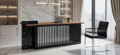 Image de Bureau moderne avec façade décorative en bois et métal