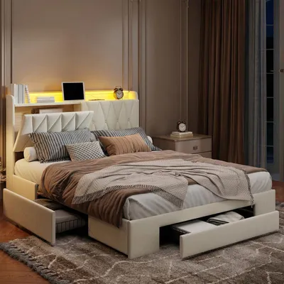 Immagine prodotto di Struttura letto ProximaX in velluto beige 160x200 cm con cassetti, testiera con vano portaoggetti, luci LED e stazione di ricarica USB