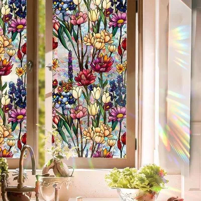 Produktbild von Unyqoos® Fensterfolie Blumen & Regenbogen – Bunte Sichtschutzfolie mit UV‑Schutz, selbstklebend & rückstandsfrei, wiederverwendbar, 43x200 cm