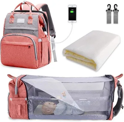 Produktbild von Famanu Wickeltasche Rucksack, Große Kapazität, Tragbare Reisewickeltasche mit Faltbarem Bett, Babybett-Rucksack (Rosa & Grau)