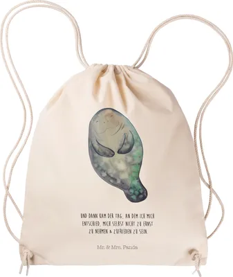 Produktbild von Mr. & Mrs. Panda Stoffbeutel Seekuh Happy - Transparent - Geschenk, Säckchen, Meer, Achtsamkeit, Turnbeutel, Freundin, gym tasche, Respekt, Zufrieden, Drawstring Bag