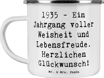 Produktbild von Mr. & Mrs. Panda Emaille Tasse Spruch 1935 Geburtstag - Weiß - Geschenk, Geburtstagsfreude, Pott, Jahrgang, Ehrentag, Happy Birthday, Jubiläum, Teebecher, Alter, Teetasse
