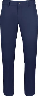 A pair of navy blue pants is shown against a white background.