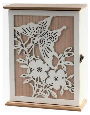 Produktbild von Holzschlüsselkasten mit Blumen- und Schmetterlingsmotiv, 6 Schlüsselhaken, Vintage Weiß, Schlüsselablage, Schlüsselhalter für Eingang, Flur, Büro, Medium 28,5 x 22 x 7 cm